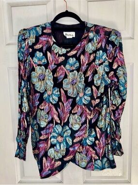 Vintage Patra 70s/80s Metallic Floral Blouse - Black with Blue & Pink Flowers